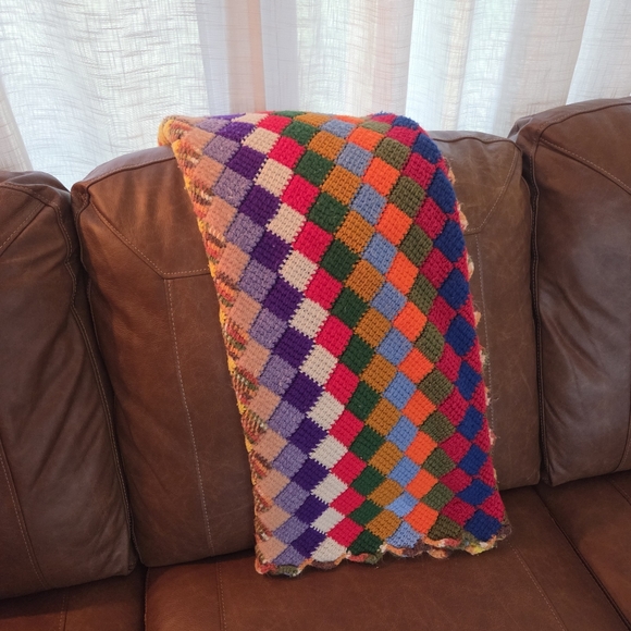 vintage Other - Colorful Hand Crocheted Diamond Pattern Blanket Throw Afghan  35x56